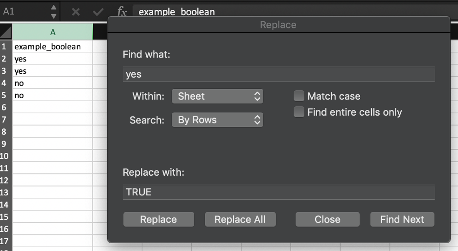 Image of using Find and Replace within Excel to find the incorrect TRUE boolean variation yes and replace it with the correct term TRUE