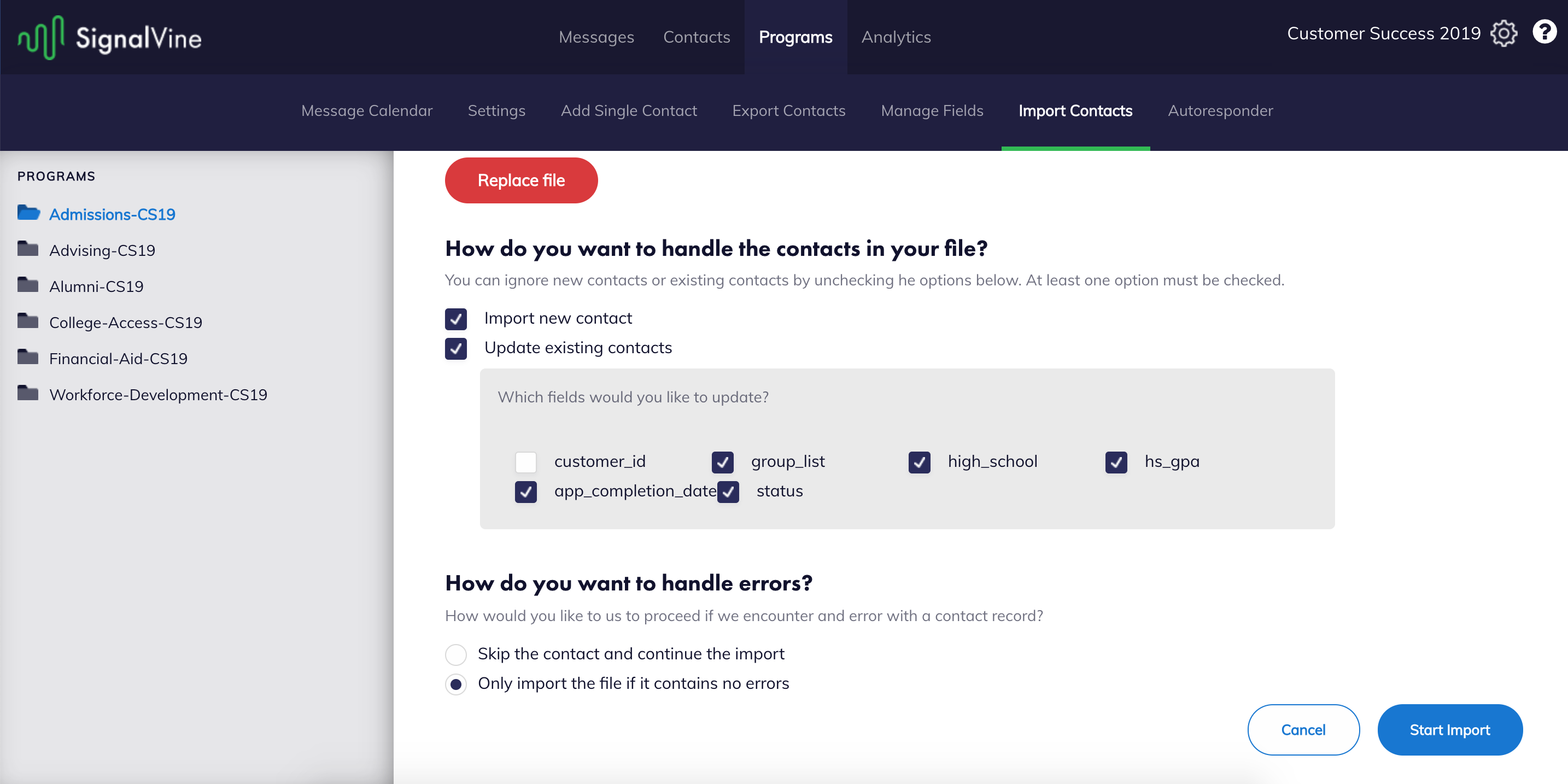 Image of Import Contacts Screen with Import New Contacts and Update Existing Contacts Selected