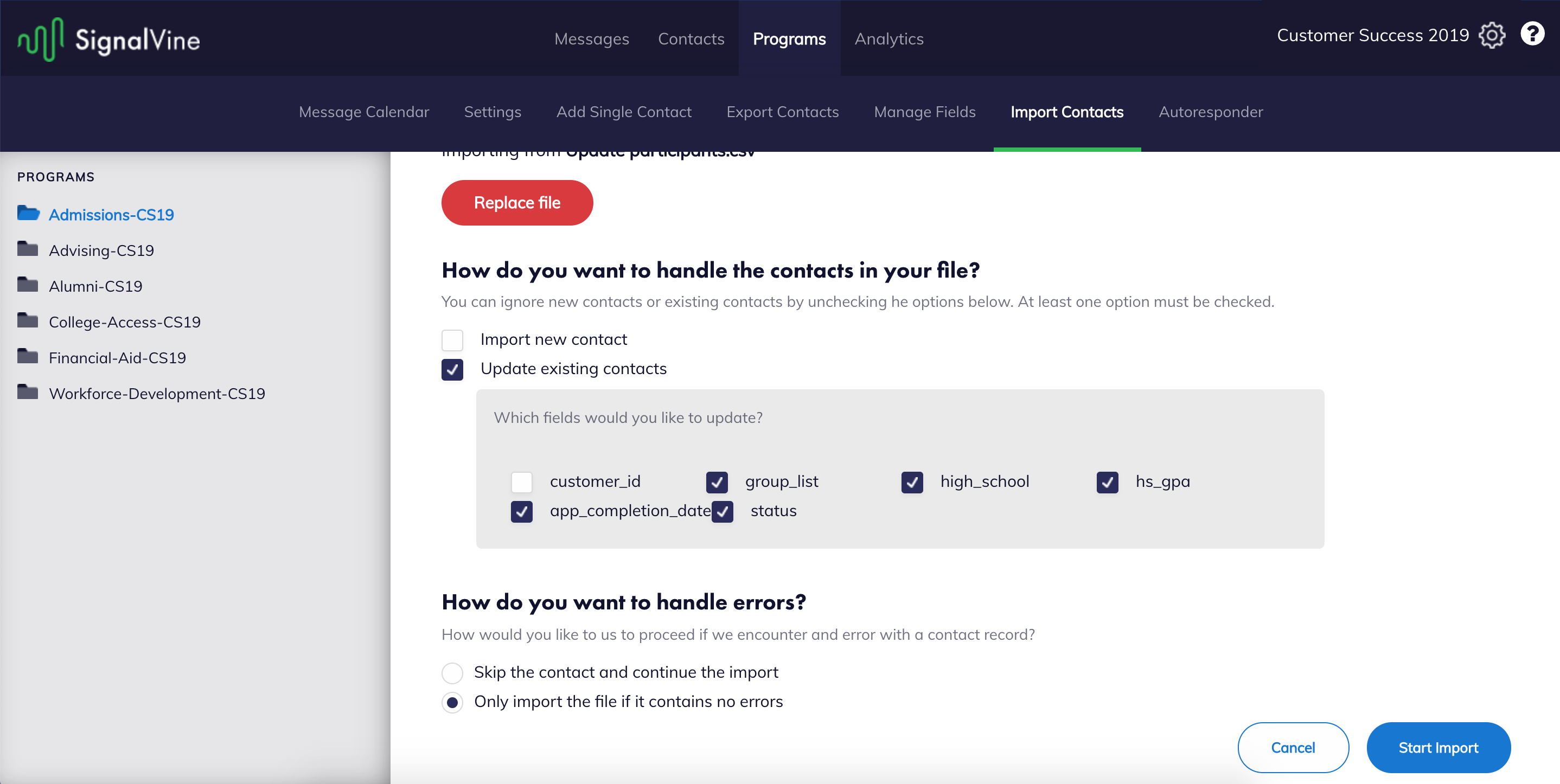 Image of Import Contacts screen with Update Existing Contacts selected