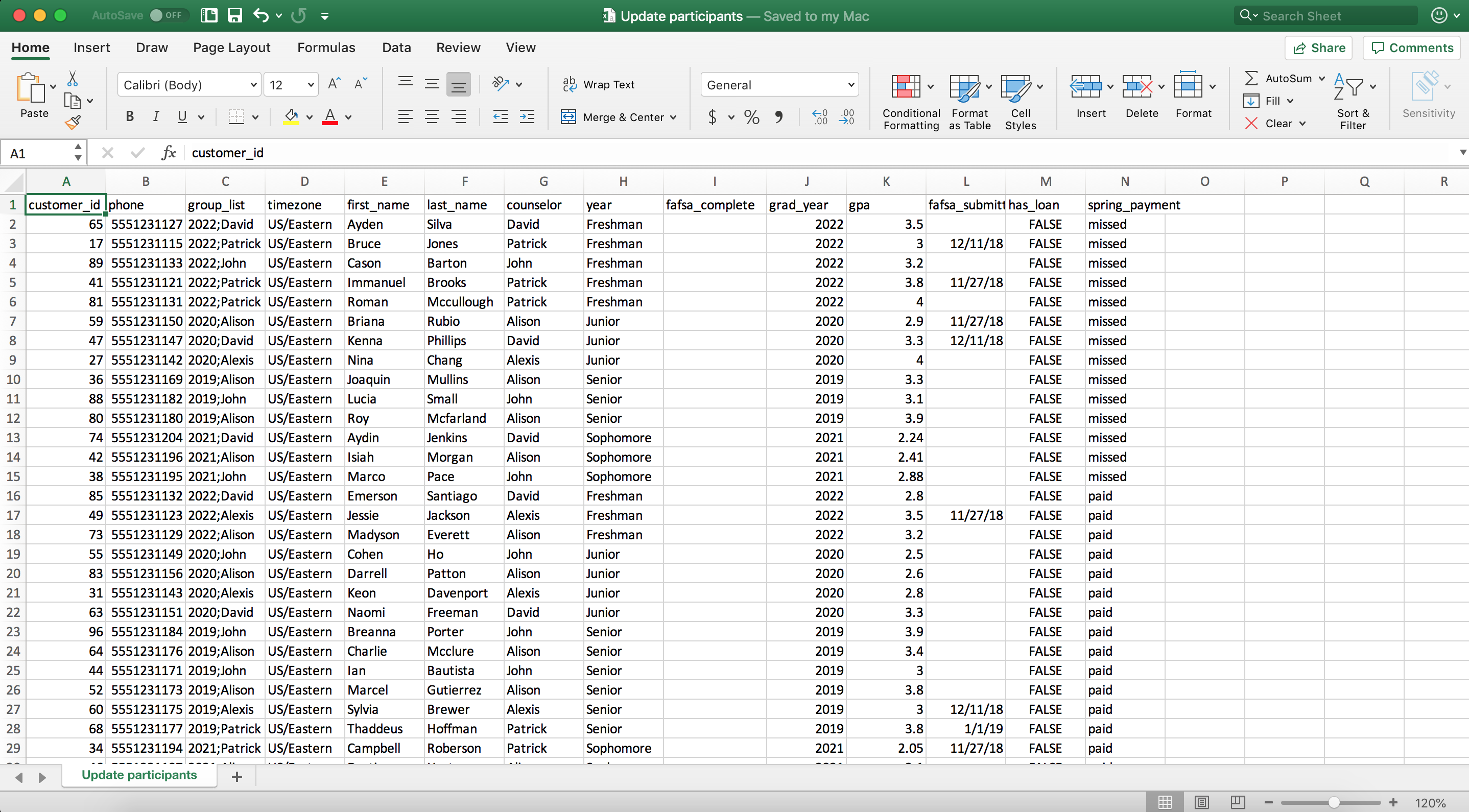 Image of correctly formatted CSV file