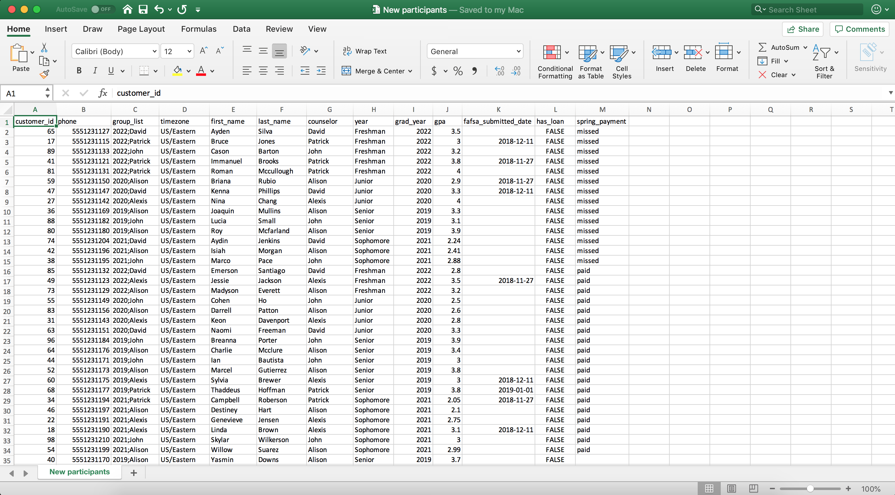 Image of correctly formatted CSV file