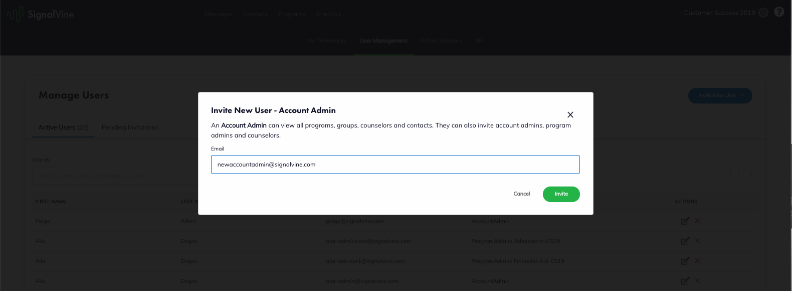 Image of account administrator being invited with their email address