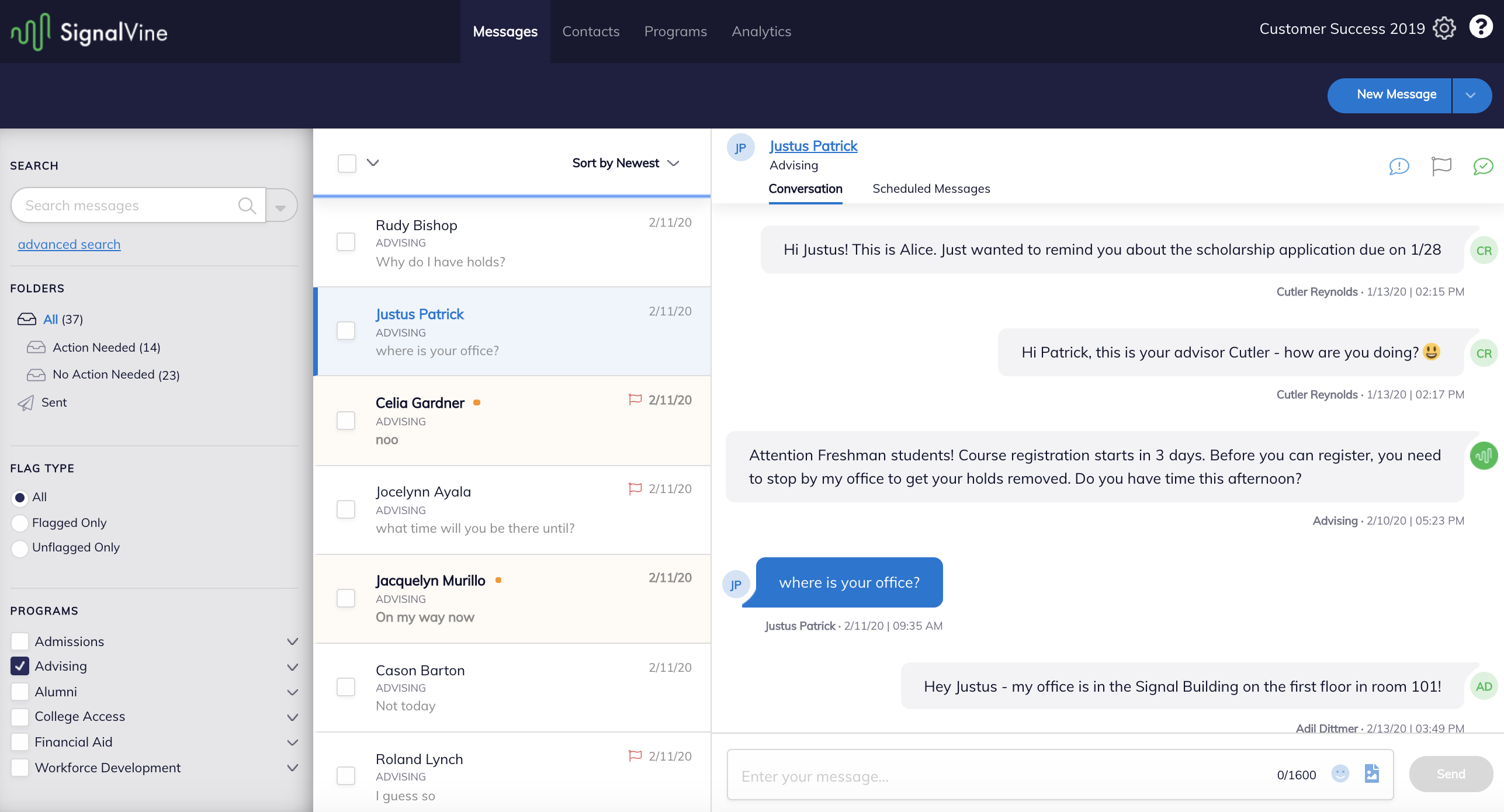 Image of the Messages tab, with a contact's full conversation thread opened.