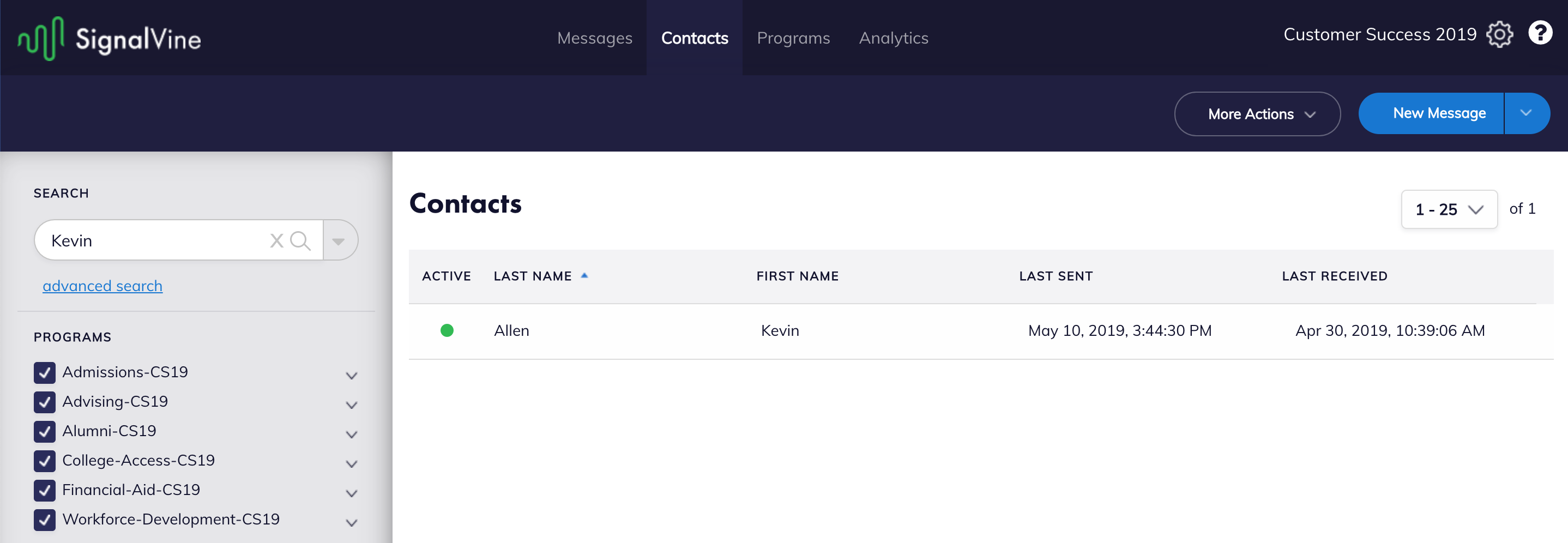 image of contacts page showing a single searched contact