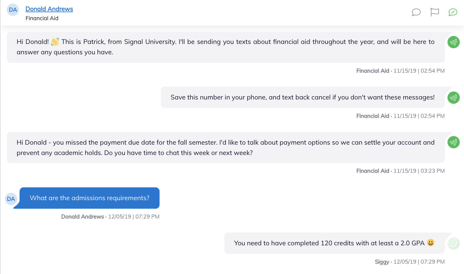 Image of conversation history showing response from the Virtual Advisor Siggy with a gear icon