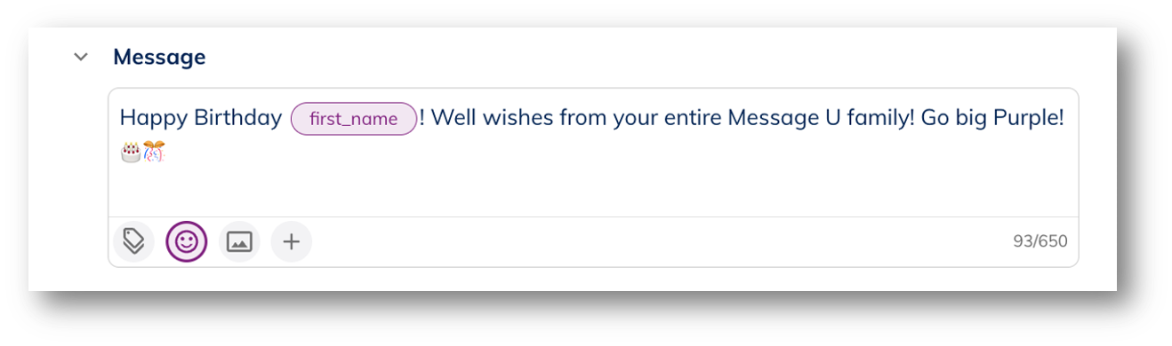 UI screen shot of message with a birthday message written