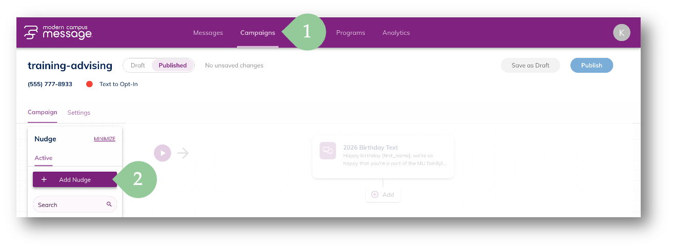 UI screenshot with 1 pointing to the campaign tab and 2 pointing to the "add nudge" button