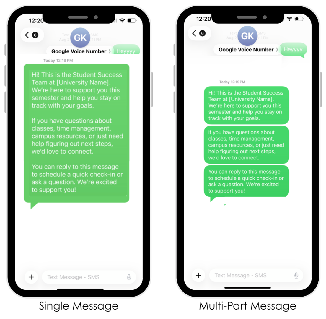 comparison of two phone screens. on the left, there is one large block text message, on the right the multi-part message is broken into three separate messages