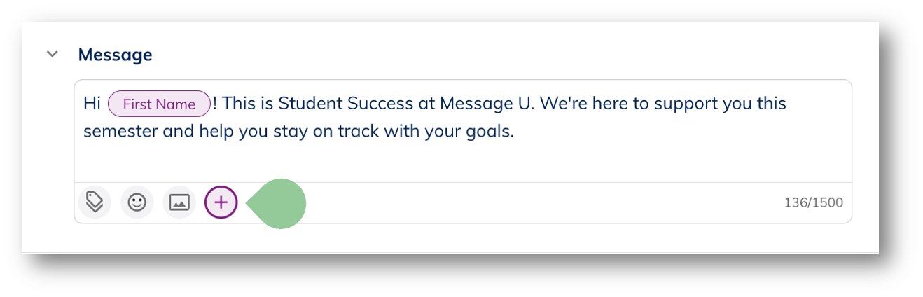 UI screenshot of the message field. There is an arrow pointing to the plus sign icon on the bottom left.
