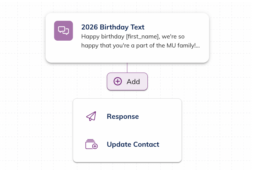 UI screenshot of Nudge labeled "Birthday Text." The "add" button has been clicked revealing two options: responses and update contact