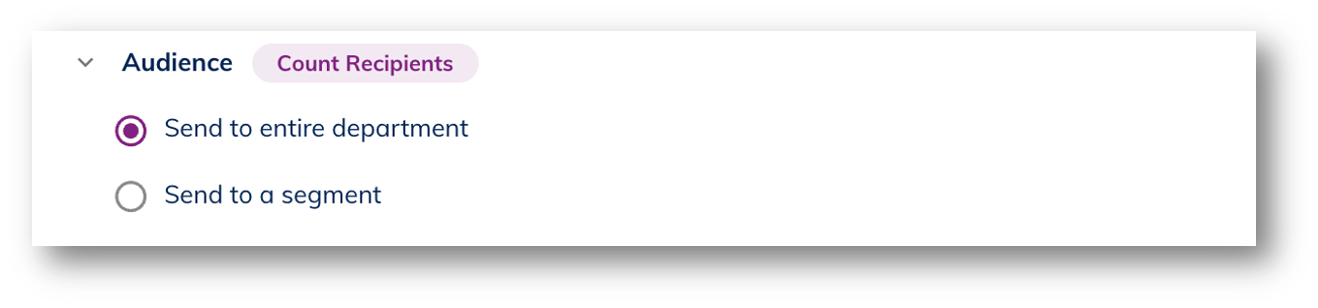 UI screenshot with "send to entire department" selected as audience