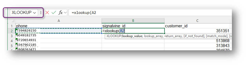 xlookup on spreadsheet mapped to signal_vine_id